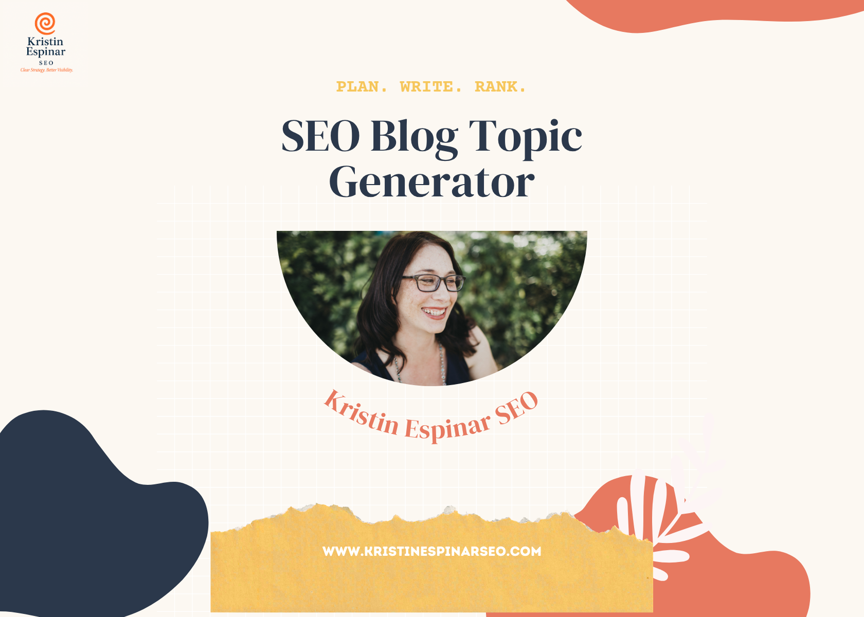 Cover of the SEO Blog Topic Generator workbook by Kristin Espinar SEO, a free resource to help small businesses generate SEO blog ideas and plan content.