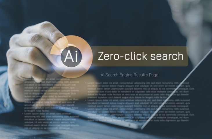 AI zero-click search interface displayed on a laptop screen, illustrating how AI-powered search provides instant answers without requiring users to click a website.