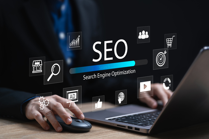 SEO dashboard displayed on a laptop screen illustrating search engine optimization strategies and website growth.